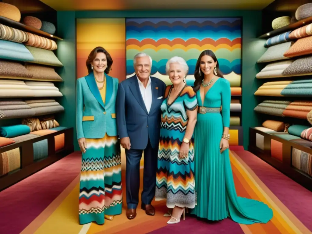 Una imagen de tres generaciones de la familia Missoni frente a una deslumbrante exposición de moda Missoni, mostrando el legado de la dinastía de la moda