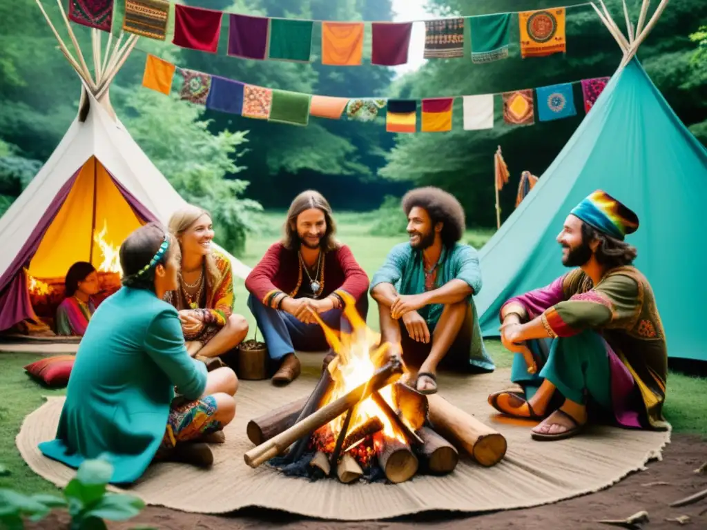 Círculo hippie en la naturaleza: moda étnica y armonía cultural Imagen de alta resolución de hippies reunidos alrededor de una fogata en un entorno natural exuberante, vistiendo ropa étnica
