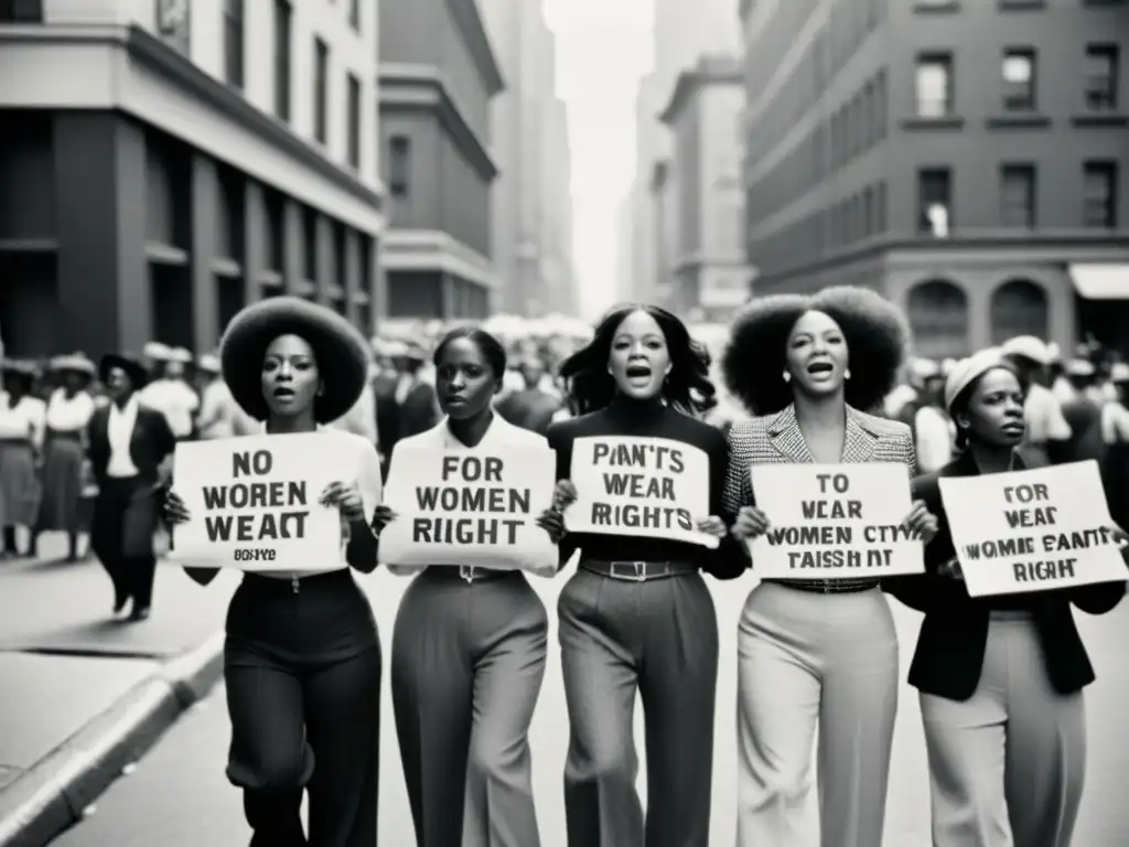 Imagen histórica en blanco y negro de mujeres en protesta por el derecho a usar pantalones