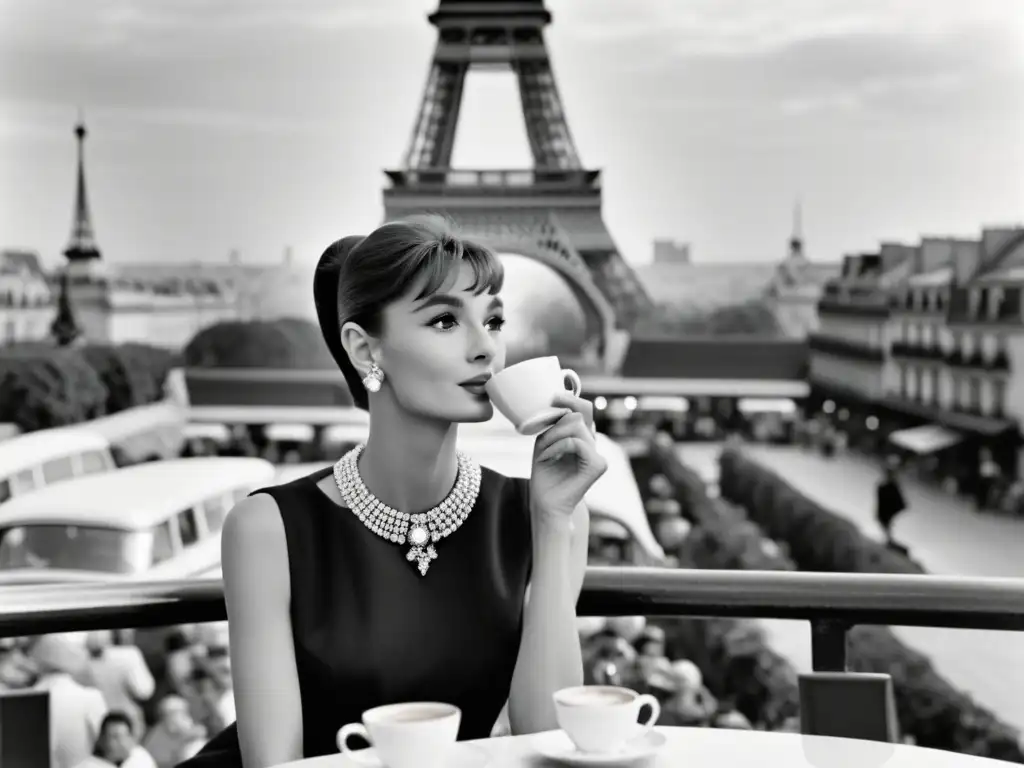 Imagen icónica de Audrey Hepburn en un café parisino, marcando tendencias de moda y elegancia atemporal