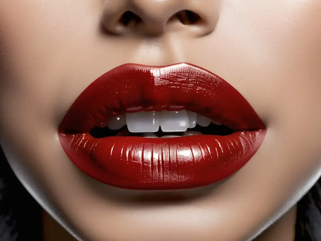 Imagen ultrarresolución del icónico labial Ruby Woo de MAC en enfoque cercano, resaltando su exquisito color rojo intenso y elegante empaque