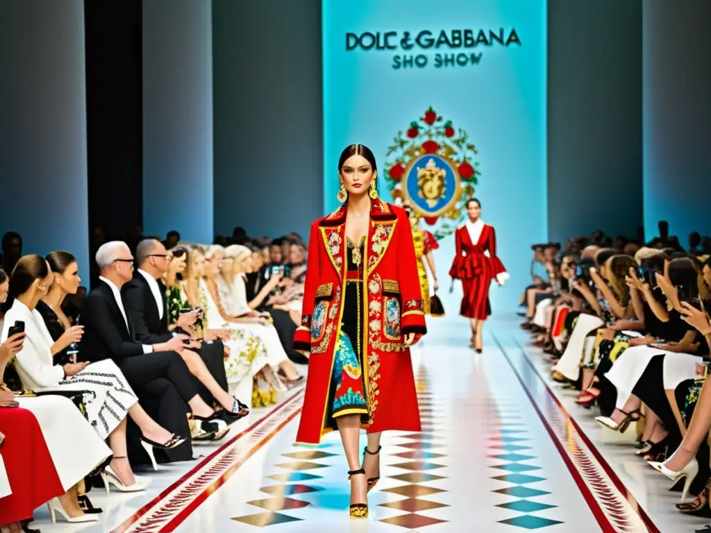 Imagen impactante del desfile de moda de Dolce & Gabbana, fusionando artesanía italiana tradicional con tendencias modernas, reflejando el impacto cultural de Dolce & Gabbana en la moda y la cultura