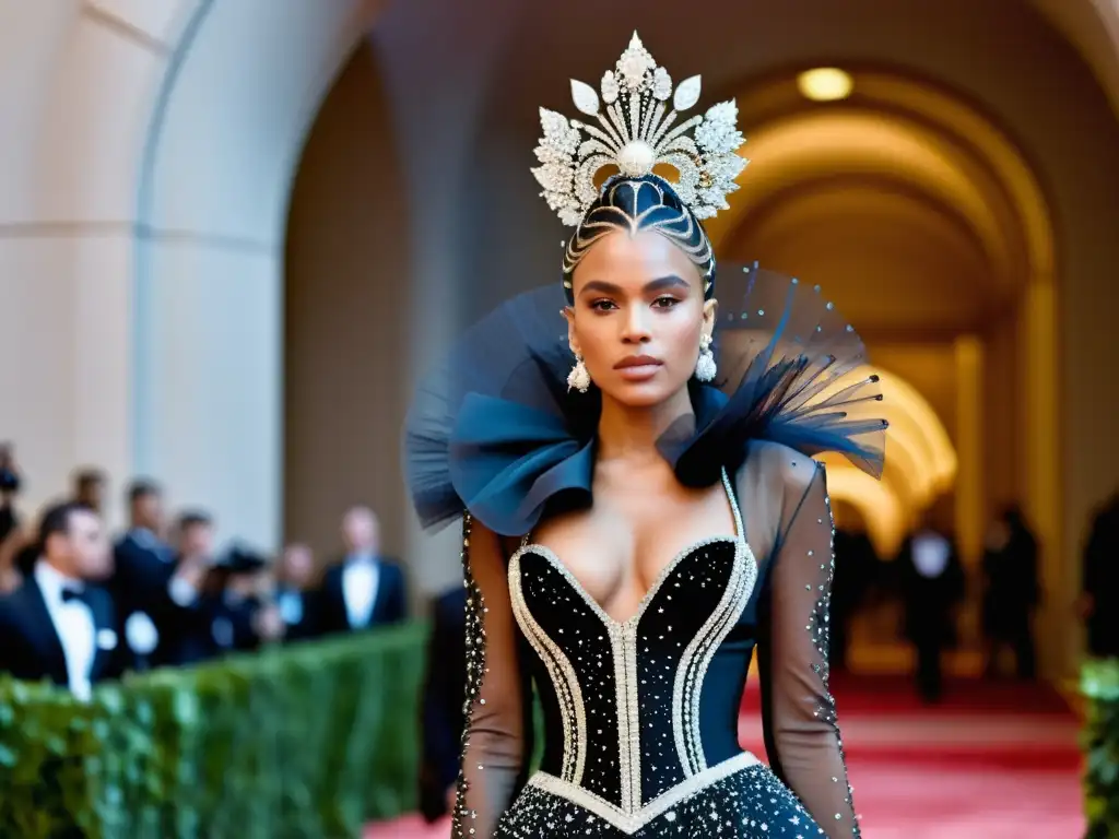 Imagen impactante de la entrada de celebridades en la Met Gala, reflejando la moda vanguardista y el impacto cultural del evento