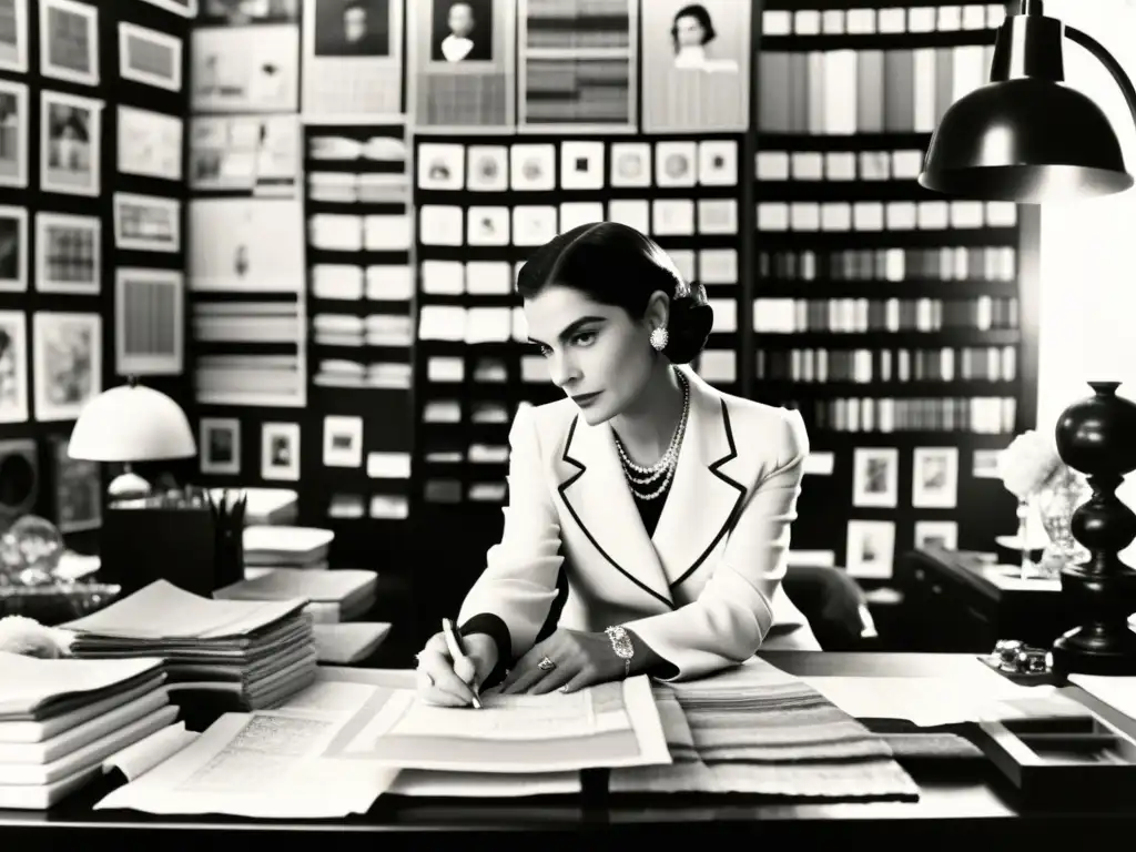 Imagen impactante de Coco Chanel en su escritorio, diseñando una de sus icónicas piezas