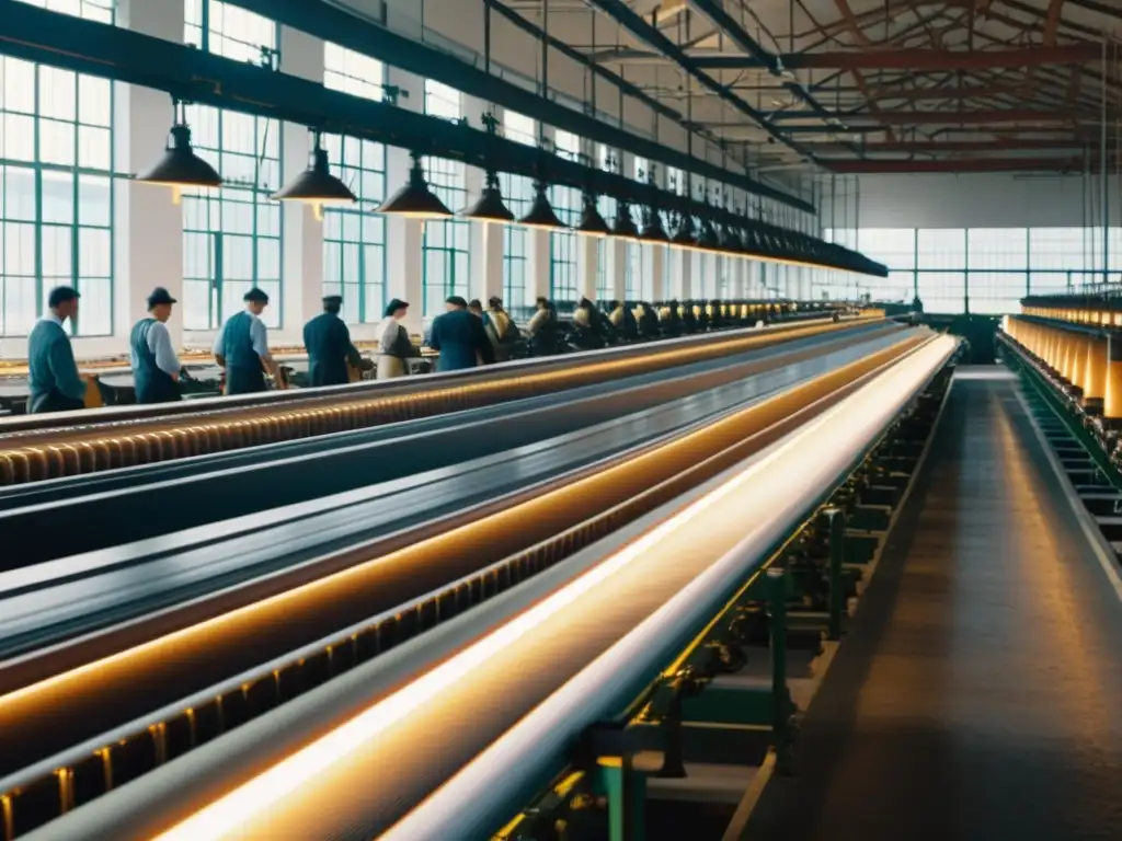 Imagen impactante de una fábrica textil del siglo XX con trabajadores y maquinaria, mostrando la revolución tecnológica en la historia de la moda