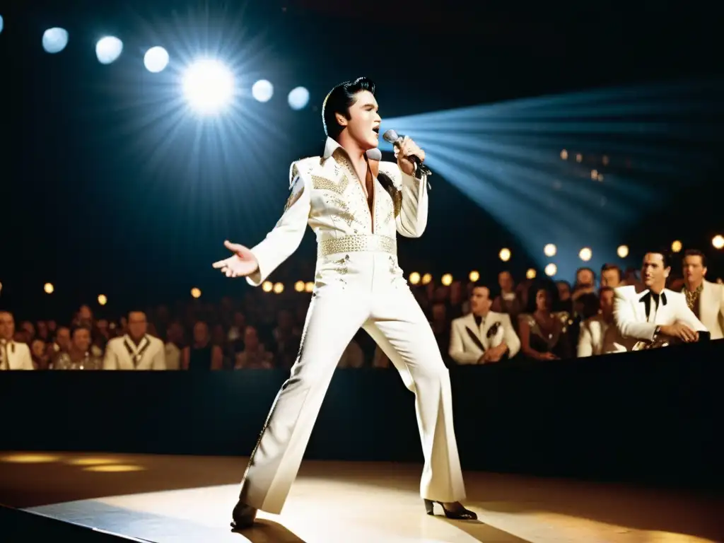 Imagen impactante de Elvis Presley en su icónico traje blanco, irradiando energía en el escenario