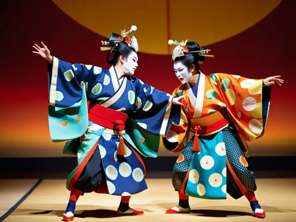 Imagen impactante de la indumentaria teatral Noh y Kabuki, con colores vibrantes y detalles culturales