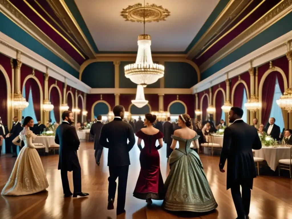 Imagen impactante de un lujoso salón de baile victoriano lleno de gente elegante, reflejando el impacto cultural de la moda de la era victoriana