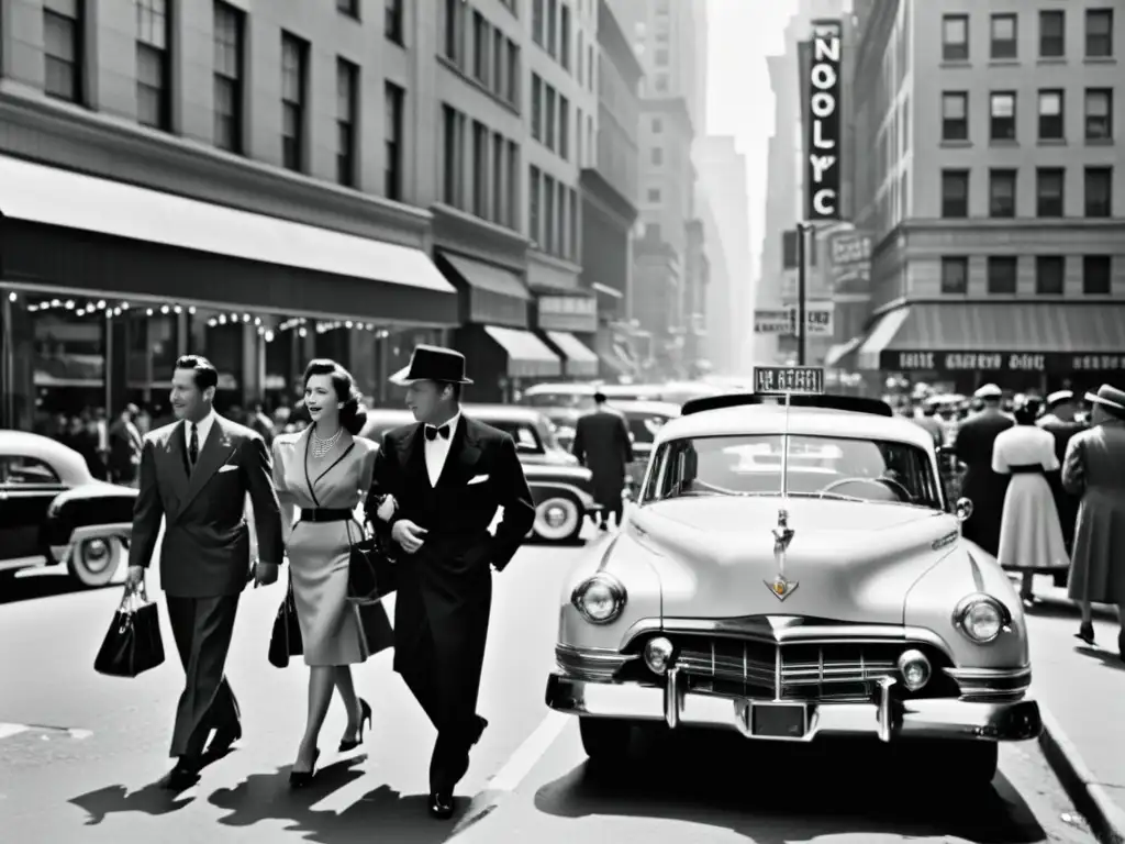 Imagen impactante de la evolución de la moda en Nueva York en los años 50, con elegantes trajes, autos clásicos y bulliciosas calles