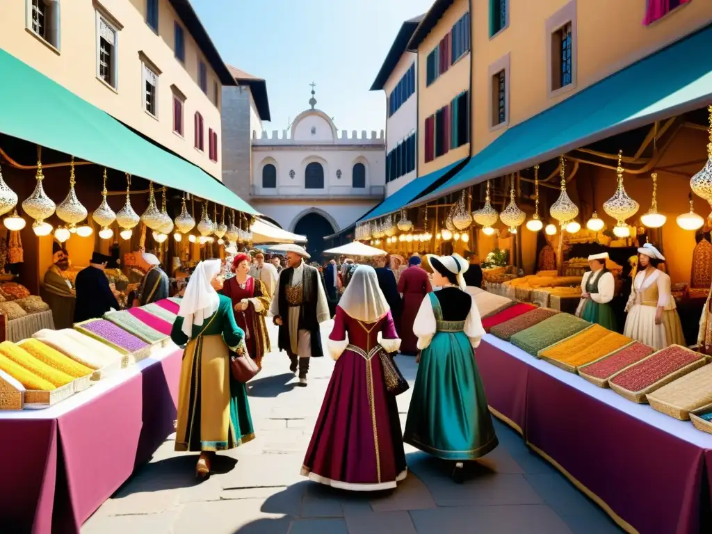 Imagen impactante de moda y vestimenta en un bullicioso mercado renacentista, reflejando la diversidad cultural de la época