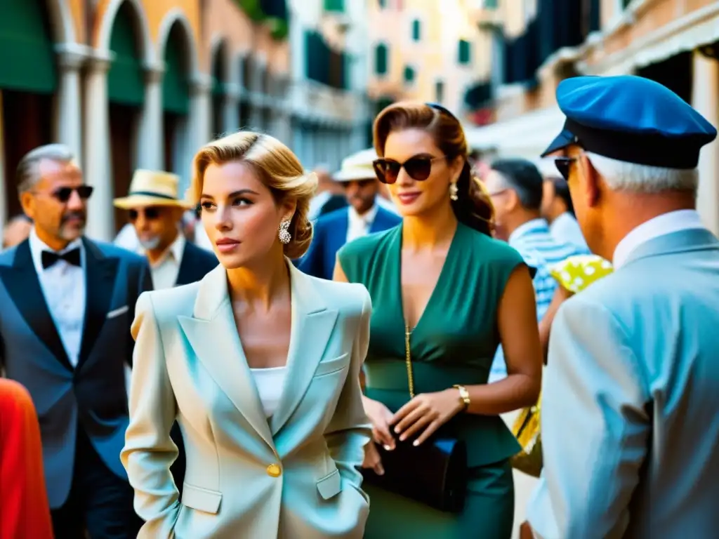 Imagen impactante de la moda en el festival de Venecia, con elegancia y diversidad cultural en las bulliciosas calles venecianas