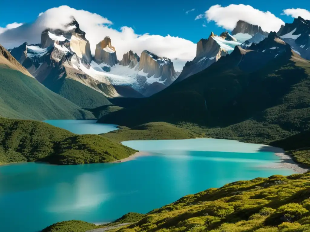 Montañas de Patagonia: Belleza Natural en Alta Resolución Imagen impactante de las montañas de Patagonia, lago cristalino, cielo azul y senderista solitario, capturando la belleza natural