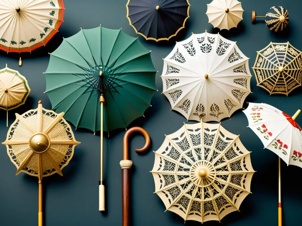 Una imagen impactante de paraguas históricos de diferentes culturas, evocando su historia, moda y significado cultural
