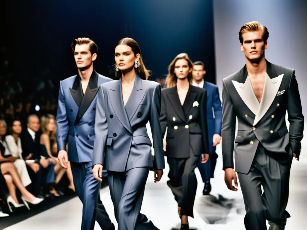 Imagen impactante de pasarela de moda de los 80 con trajes desestructurados de Armani, resaltando el impacto cultural del desconstructed suit