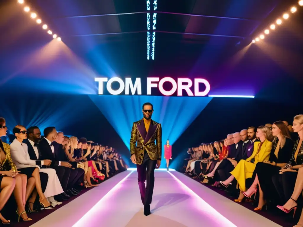 Imagen impactante del renacimiento de la marca Gucci bajo el liderazgo de Tom Ford, con un desfile de moda vibrante y vanguardista