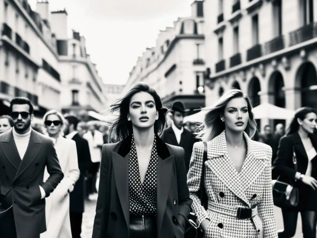 Imagen impactante de la Semana de la Moda de París, con moda vanguardista y edificios históricos, reflejando la energía frenética del evento