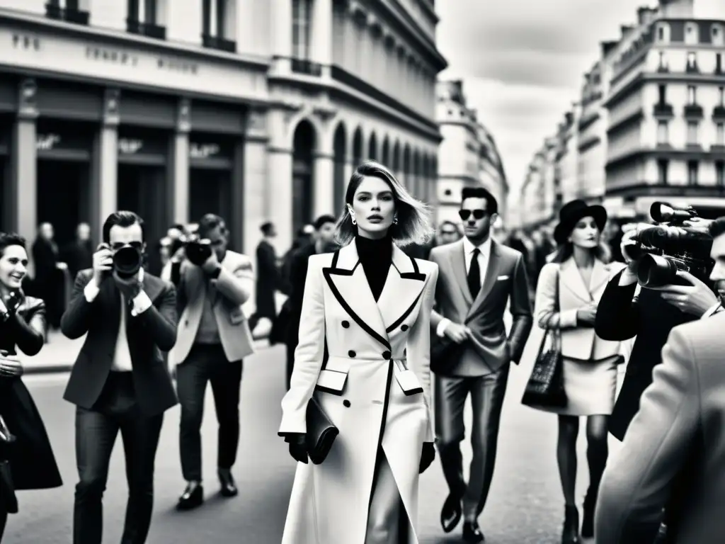 Imagen impactante de la Semana de la Moda en París, con elegantes asistentes y modelos, rodeados de fotógrafos y espectadores