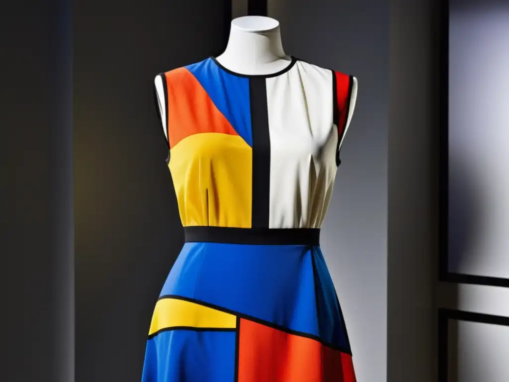 Imagen impactante del vestido Mondrian de Yves Saint Laurent en un museo, mostrando su revolucionario diseño y su influencia cultural en la moda