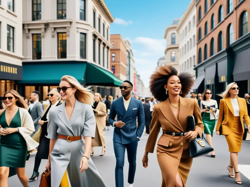 Imagen de impacto cultural en colaboraciones de moda, con una bulliciosa calle urbana durante un evento de moda, lleno de energía y emoción