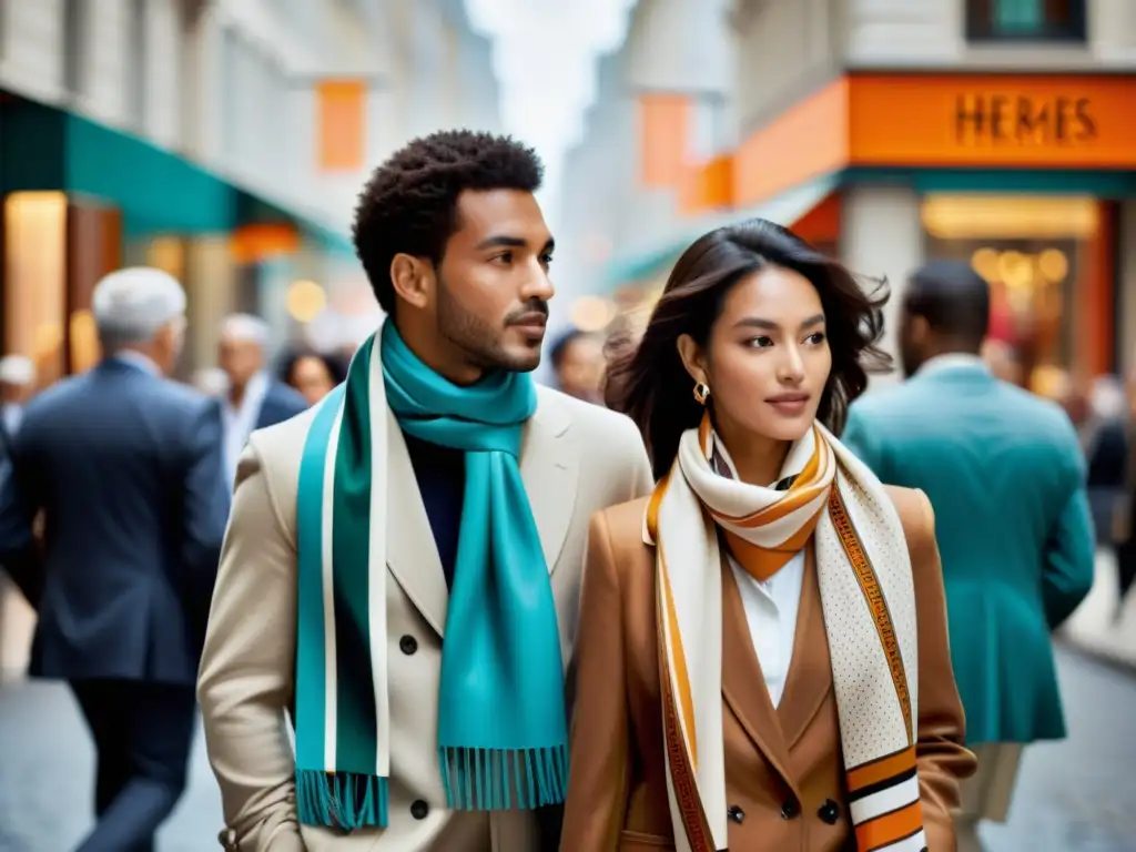 Una imagen de impacto cultural: diversidad de personas usando la última bufanda Hermès en una bulliciosa calle de la ciudad