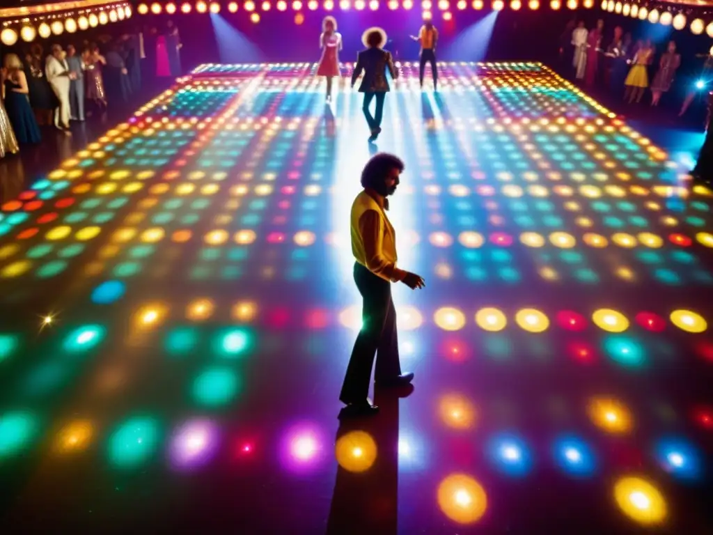 Imagen de impacto cultural moda disco: vibrante pista de baile con personas vestidas con estilo y luces de colores