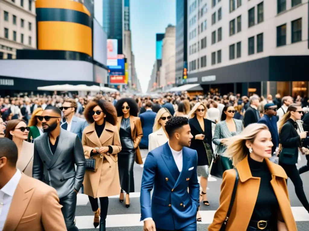 La imagen muestra el impacto cultural de la moda durante la Semana de la Moda, con una diversidad de estilos y expresiones únicas