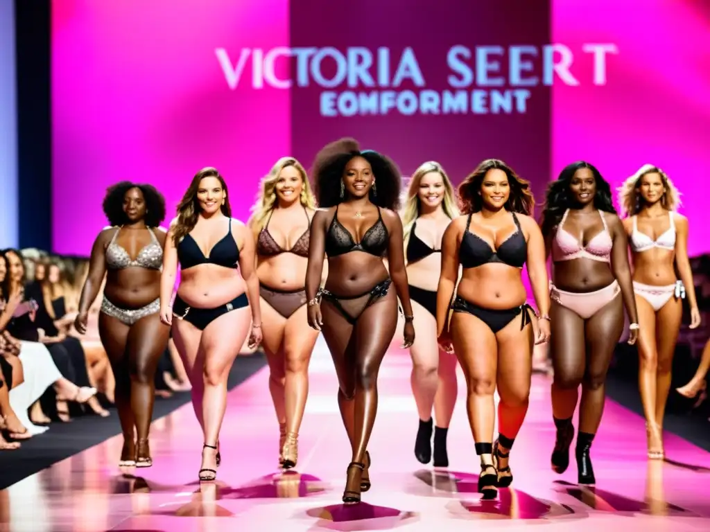 Imagen del impacto cultural del Victoria's Secret Fashion Show con mujeres diversas desfilando con confianza en lencería de moda