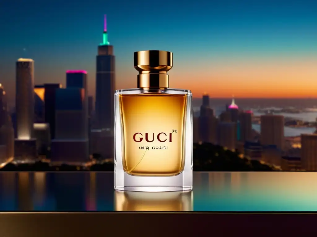 Imagen de la influencia del nuevo perfume Gucci en la moda urbana, con una botella elegante y una ciudad iluminada de noche