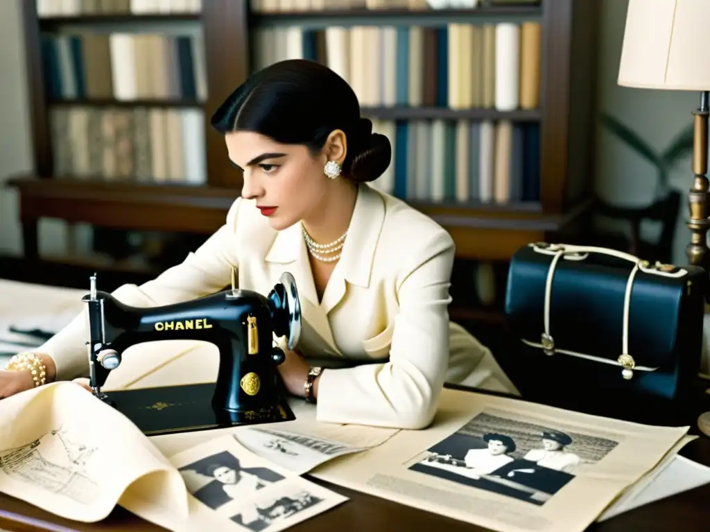 Imagen en sepia de Coco Chanel, joven diseñadora, concentrada en su máquina de coser rodeada de telas y bocetos