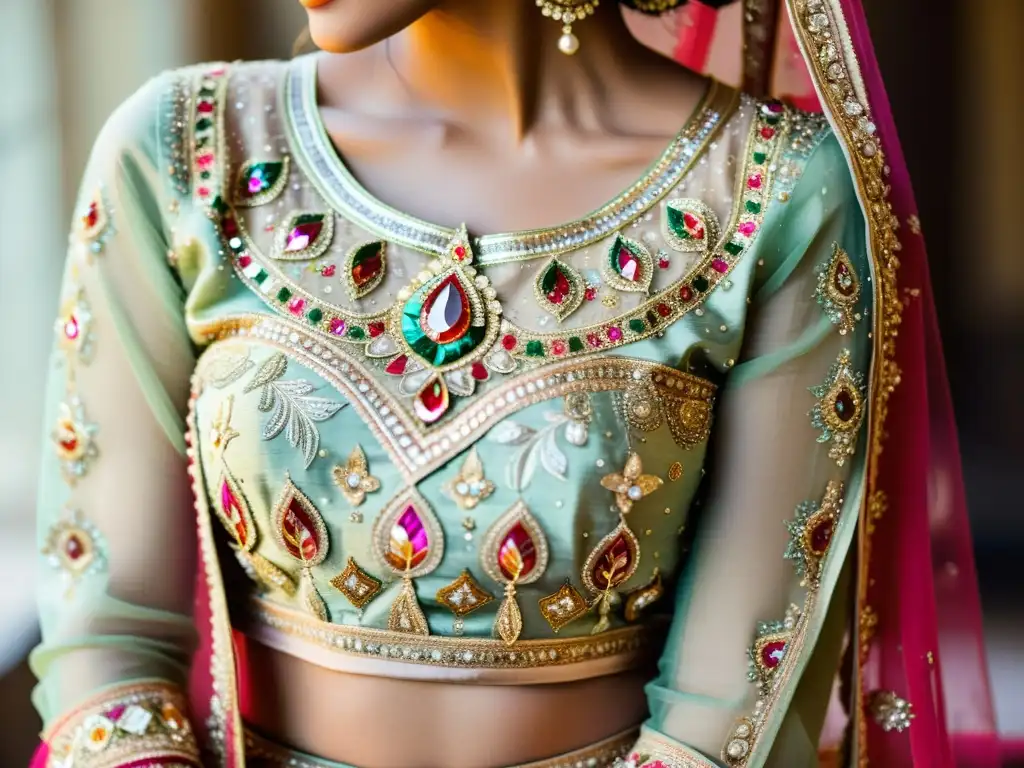 Imagen de un lehenga nupcial indio tradicional con bordados elaborados y joyas, reflejando la emoción de una novia en su boda