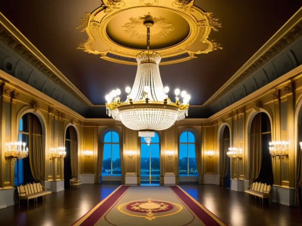 Imagen de la lujosa sala de baile de un palacio real europeo en la Belle Époque con aristócratas vestidos de época y joyas en la corte europea