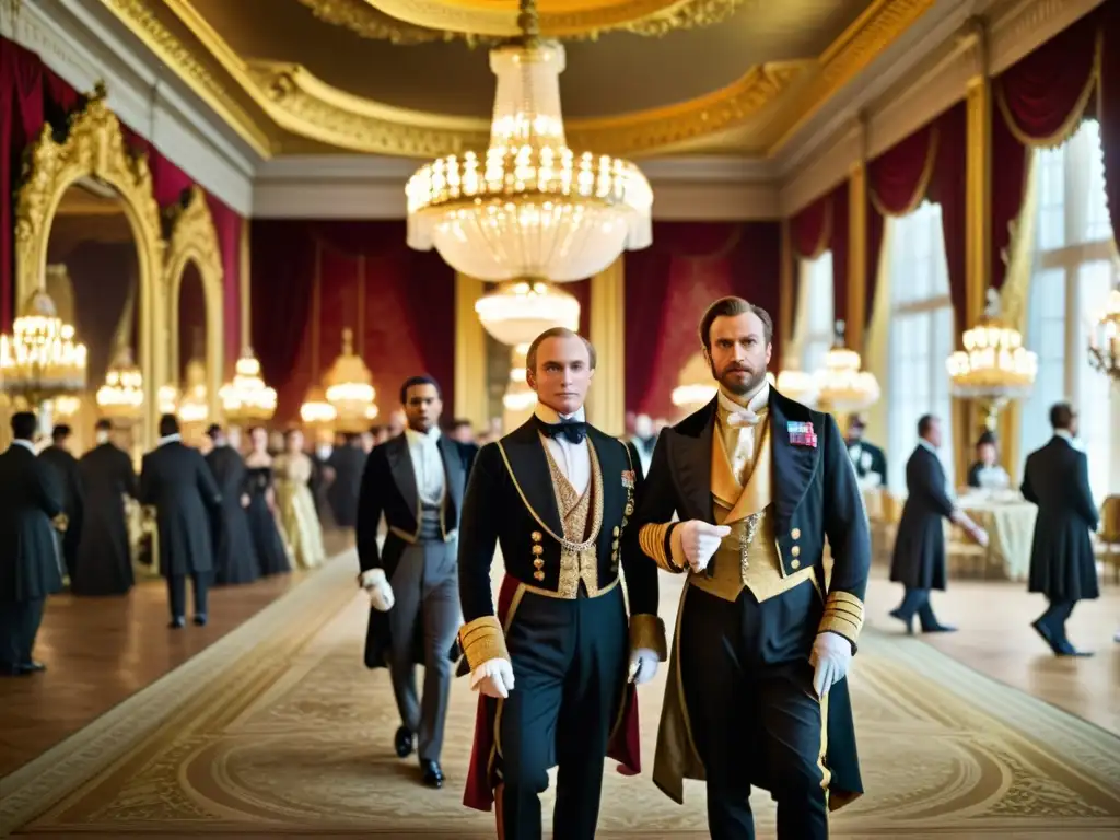 Imagen de un lujoso salón de baile del siglo XIX, evocando la importancia de la moda en 'Guerra y Paz' con opulentos trajes de la aristocracia rusa