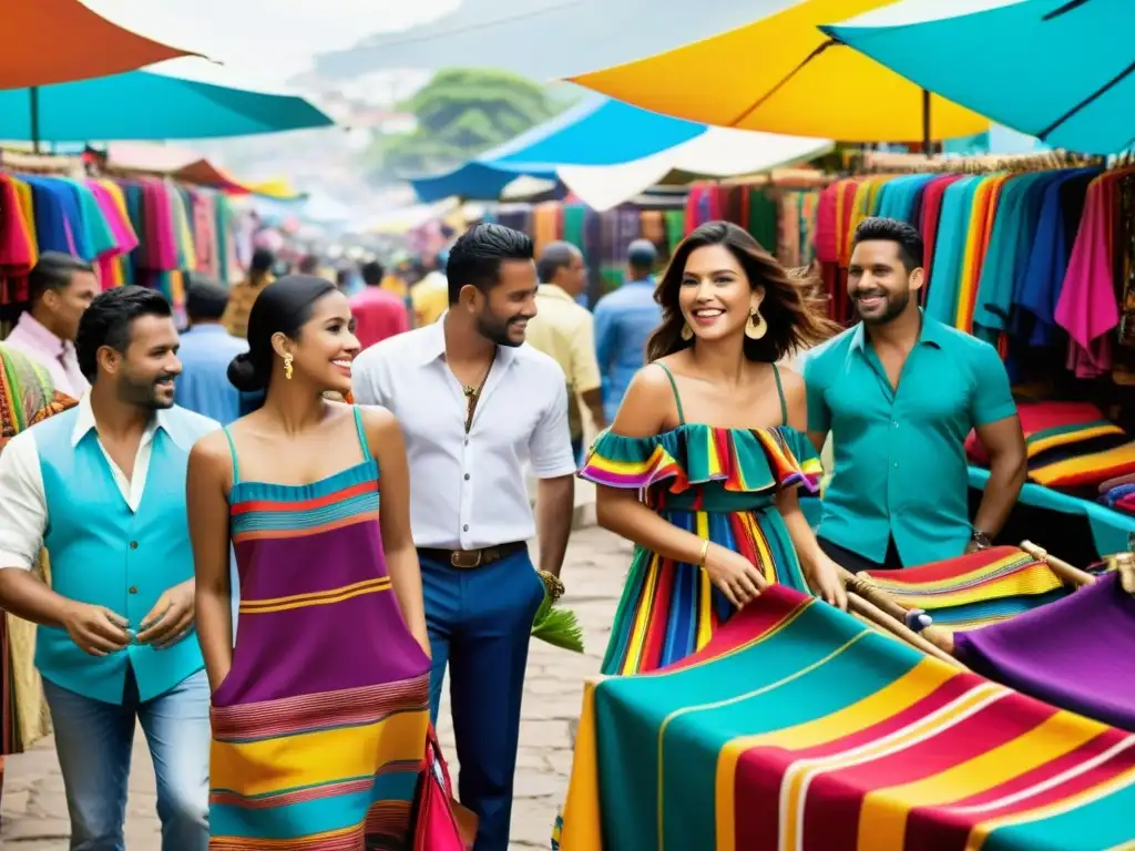 Imagen de mercado al aire libre en una ciudad latinoamericana, con prendas y accesorios coloridos inspirados en la música tropical