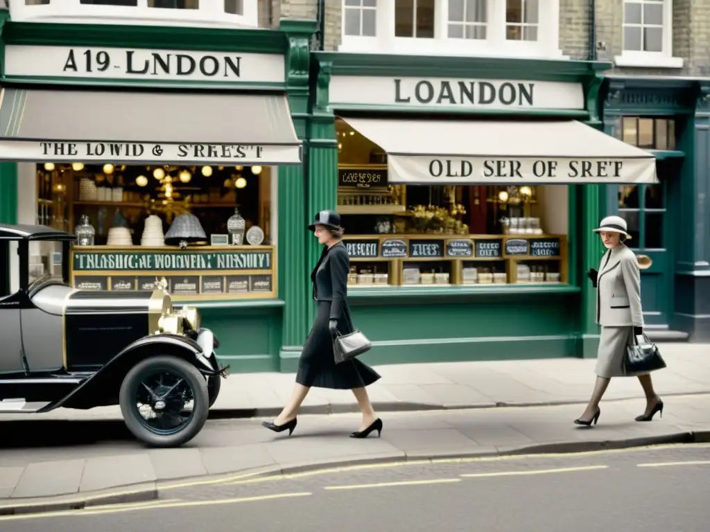 Imagen sepia de moda de la década de 1920 en una bulliciosa calle londinense, evocando el estilo de las novelas de Virginia Woolf