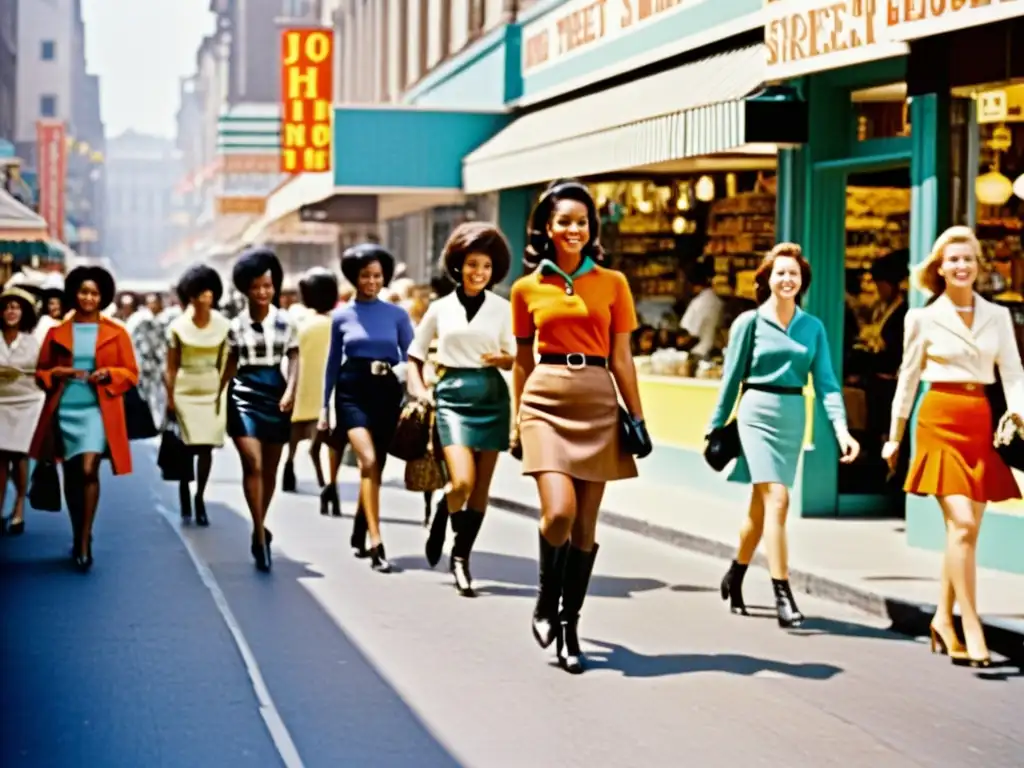 Imagen de la moda de emancipación femenina de los años 60, con mujeres seguras en minifaldas y botas altas, caminando por una concurrida calle de la ciudad