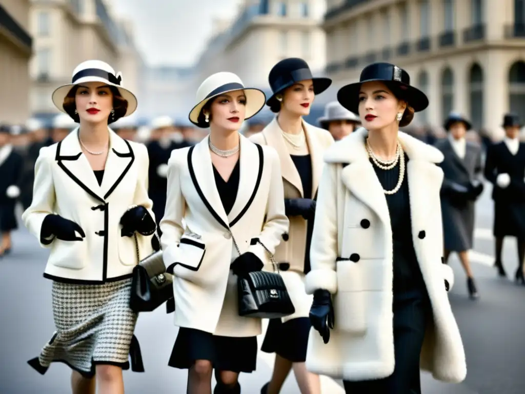 Imagen de la moda femenina Chanel revolucionaria en el París de los años 20, mujeres elegantes paseando por la bulliciosa calle