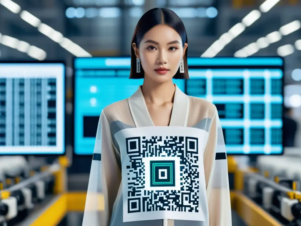 Imagen de moda de lujo con etiqueta de código QR y tecnología blockchain, rodeada de una interfaz futurista transparente que muestra la historia de fabricación y distribución