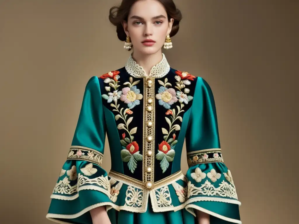 Imagen de moda de lujo influenciada por pintura flamenca, con detalles de tela, bordados y colores opulentos, reflejando la esencia de la influencia histórica en el diseño contemporáneo