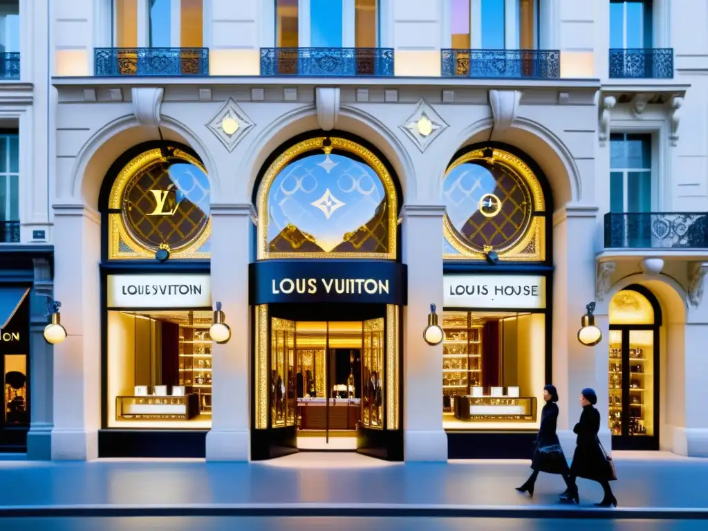 Imagen de la evolución de la moda de Louis Vuitton, desde principios del siglo XX hasta la era moderna, en su icónica tienda en París