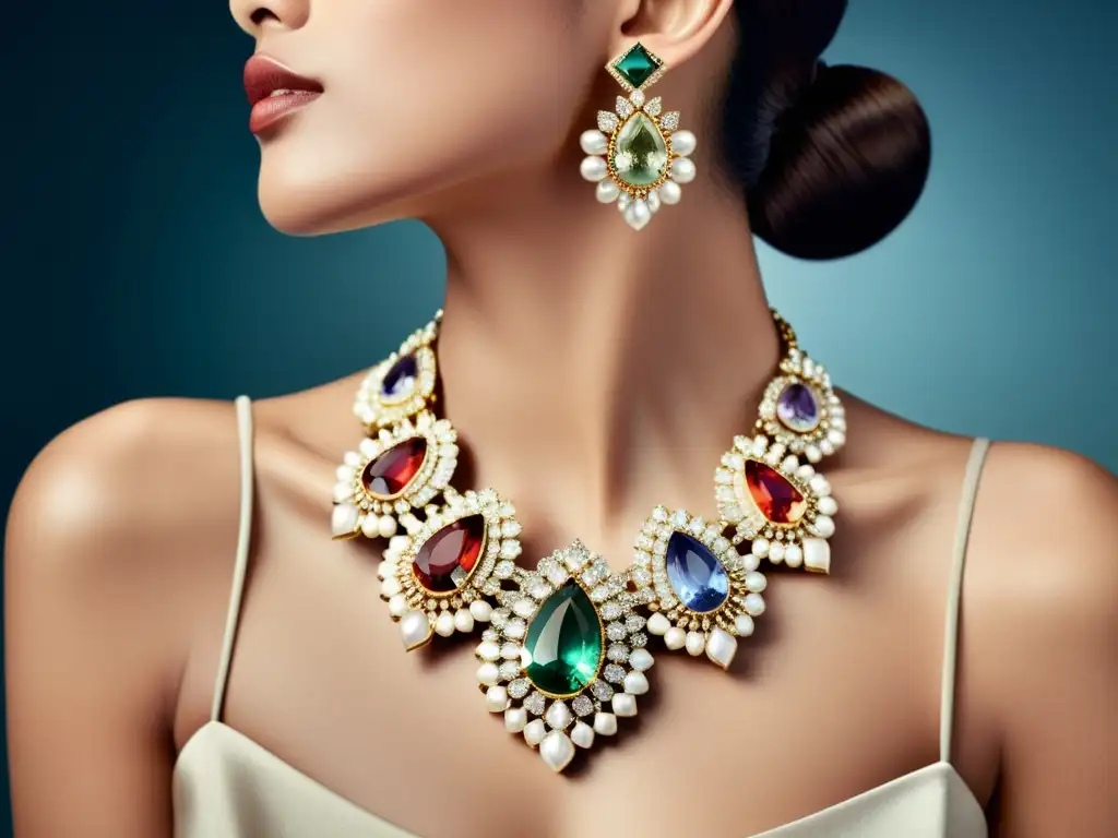 Imagen de una modelo usando un collar de joyas de lujo en un evento de moda, con detalles intrincados y gemas brillantes