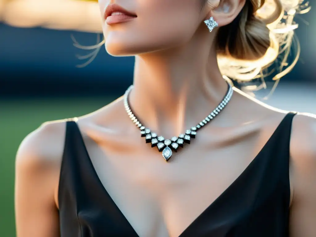 Imagen de una mujer con un elegante vestido negro y un deslumbrante collar de diamantes de lujo, reflejando tendencias de moda