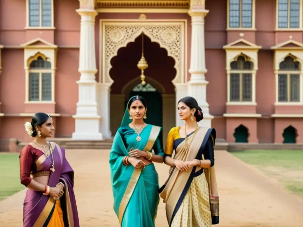 Imagen de mujeres indias desafiantes en saris tradicionales junto a mujeres británicas con vestidos victorianos, frente a un edificio colonial