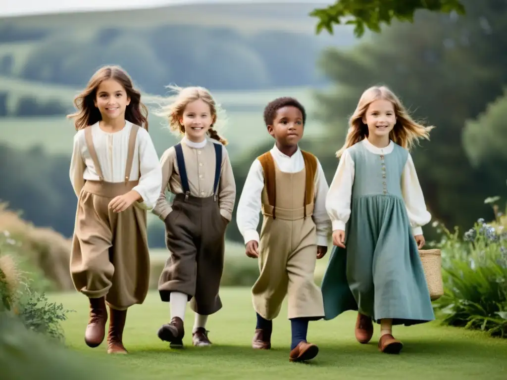 Imagen de niños del siglo XIX jugando al aire libre, vistiendo moda infantil revolucionaria enfocada en comodidad y libertad de movimiento