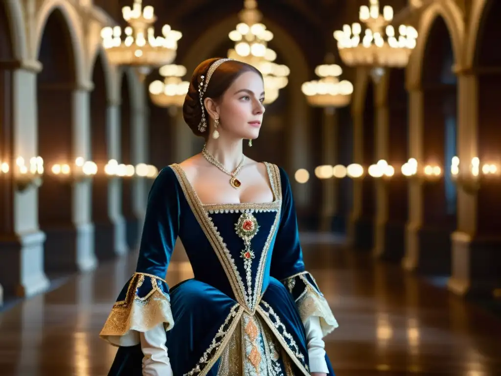 Imagen de una noble en un lujoso vestido renacentista rodeada de opulencia y distinción social en el Renacimiento Tardío