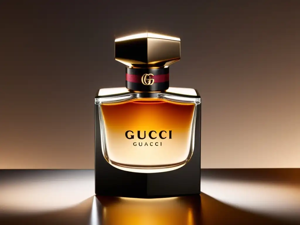 Imagen de un nuevo perfume Gucci de influencia moda, con elegante diseño y detalles intrincados, resplandeciendo en luz suave