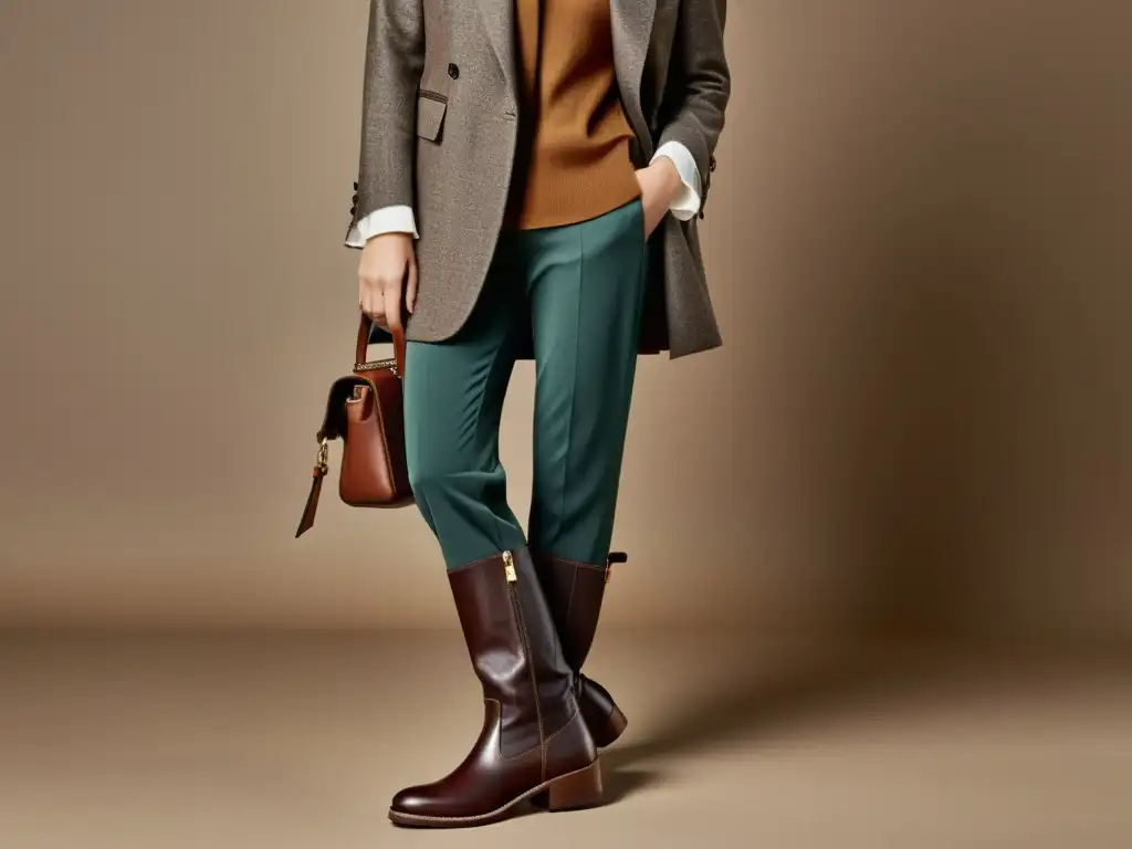 Imagen de outfit en tonos tierra con capas coordinadas, reflejo de personalidad en moda con blazer, bufanda y botas de cuero estructurado