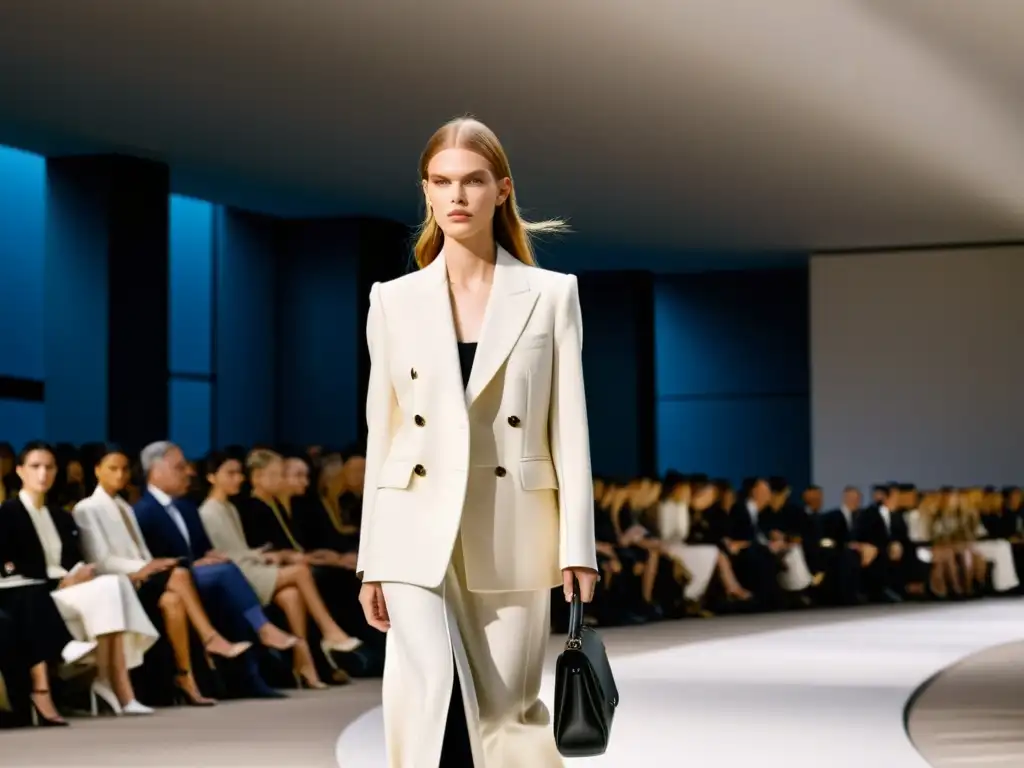 Imagen de pasarela de moda Céline con modelos en atuendos minimalistas de lujo