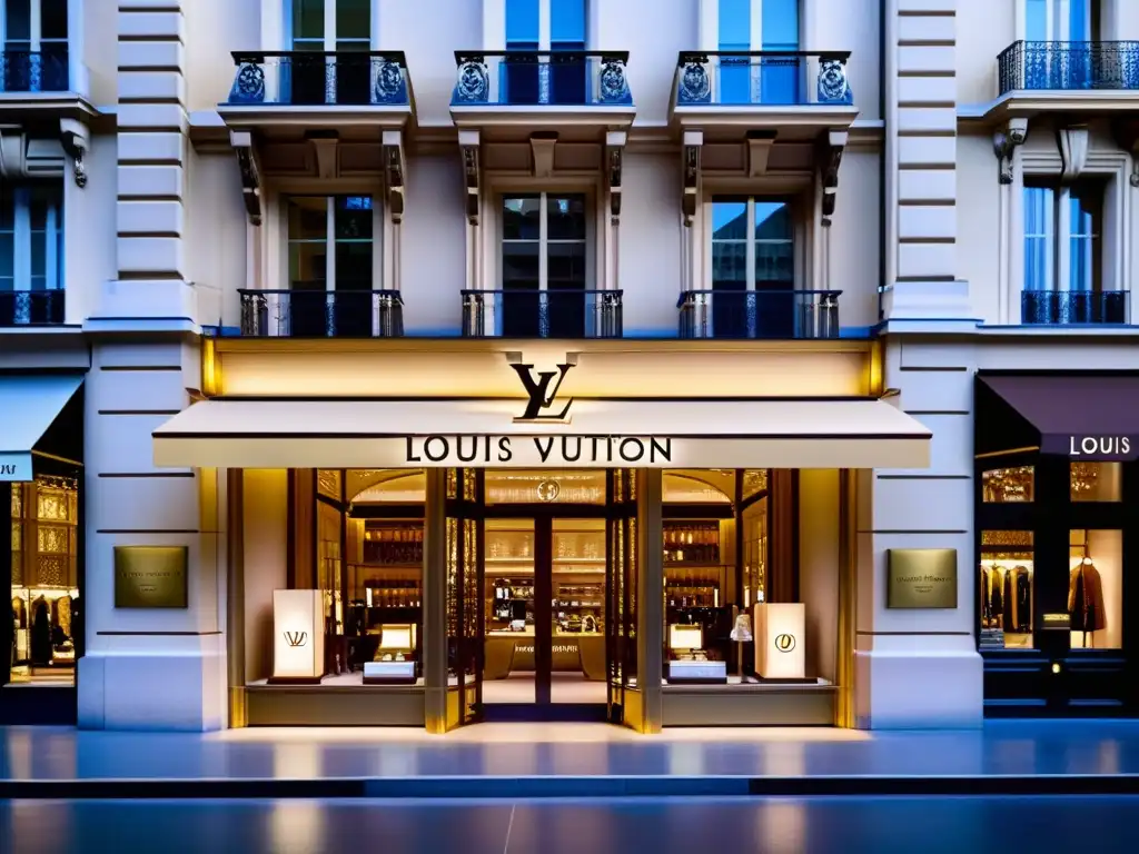 Imagen de alta resolución de la primera tienda de Louis Vuitton en París, mostrando la icónica fachada con el monograma de la marca