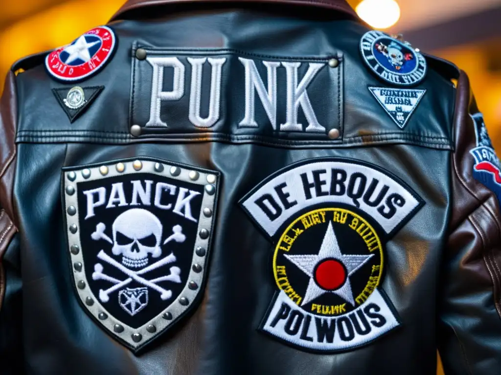 Una imagen de alta resolución de una chaqueta de cuero punk desgastada, llena de parches, pines y tachuelas rebeldes