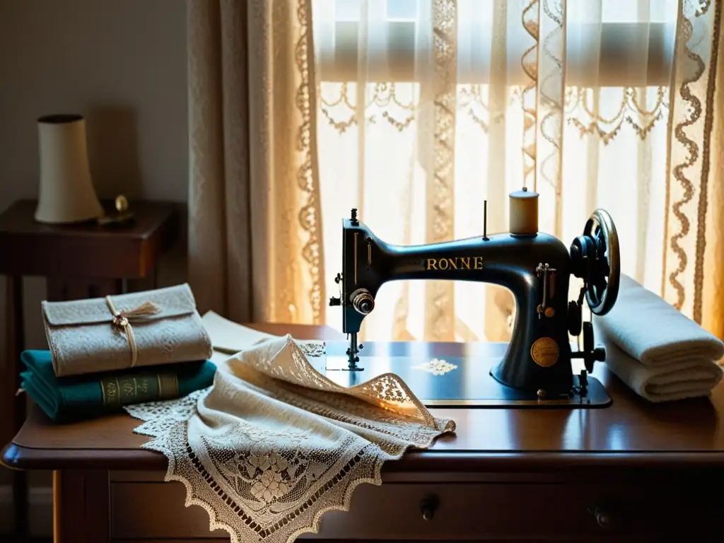 Imagen de una sala de costura victoriana, con luz natural filtrándose a través de cortinas de encaje vintage